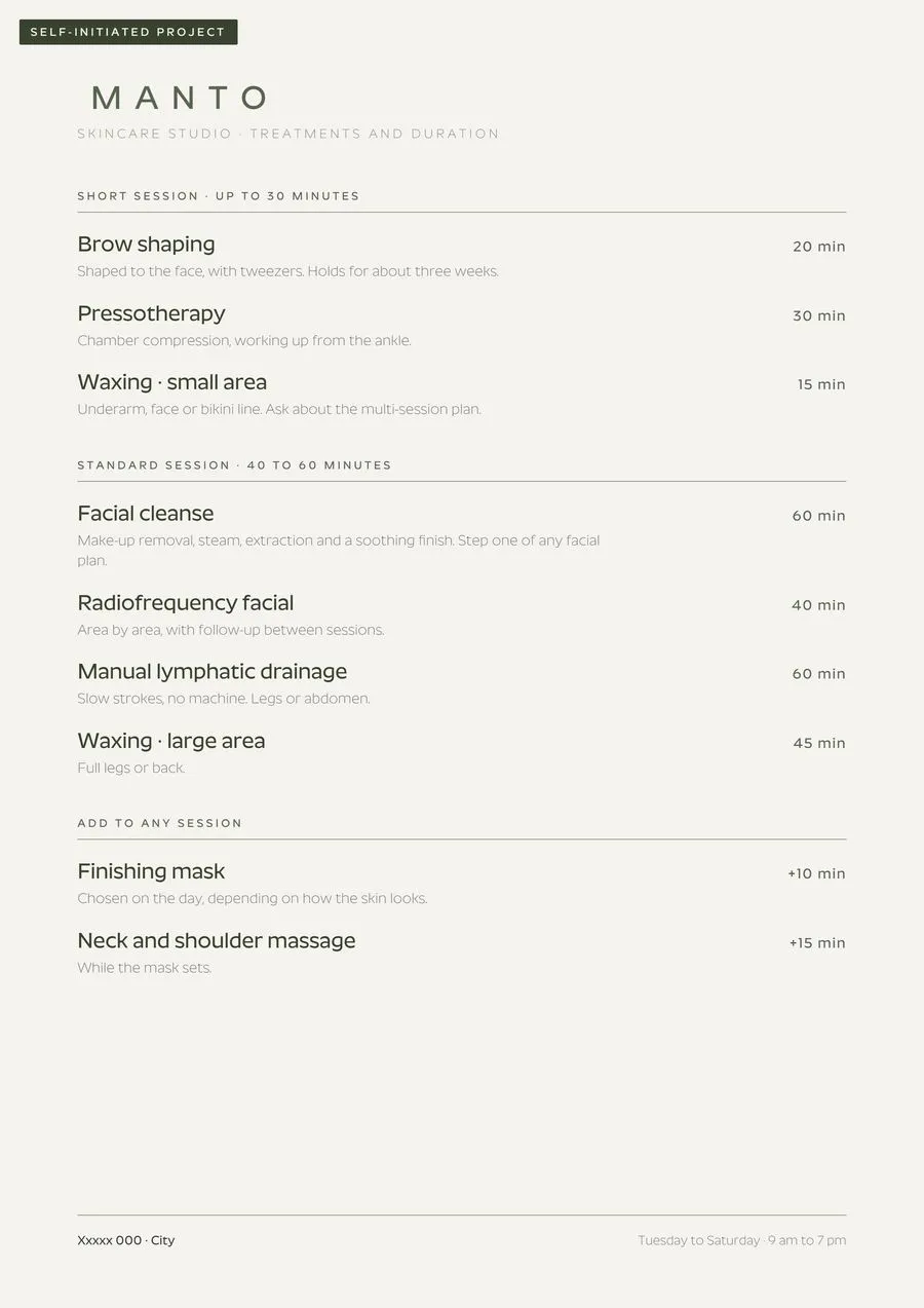 MANTO treatment menu, self-initiated project