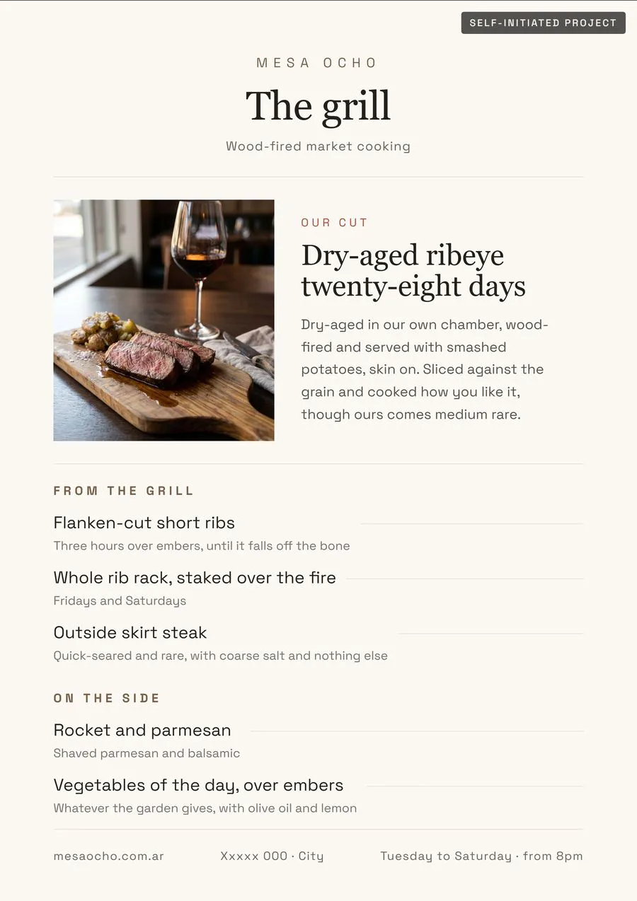 Mesa Ocho A4 menu, self-initiated project