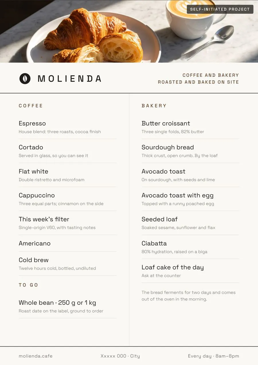Molienda A4 menu, self-initiated project
