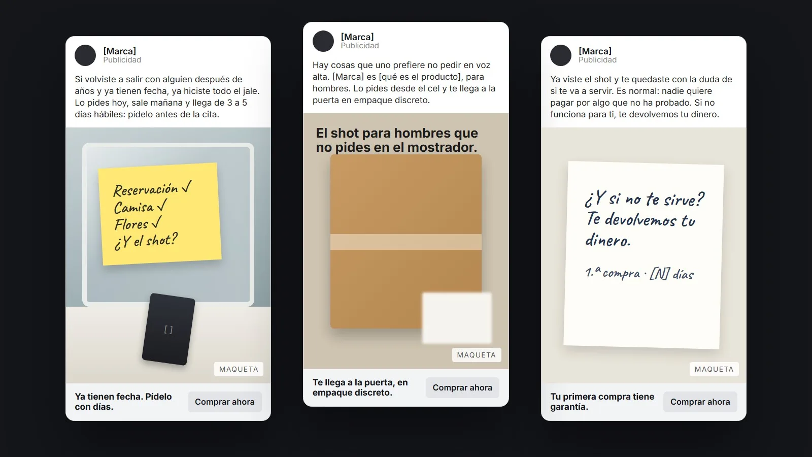 Tres conceptos de anuncio para Meta maquetados como se ven en el feed